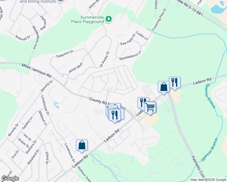 map of restaurants, bars, coffee shops, grocery stores, and more near 113 Rice Circle in Ladson