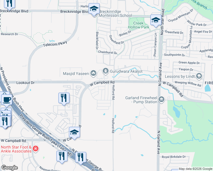 map of restaurants, bars, coffee shops, grocery stores, and more near 1506 Everett Drive in Garland