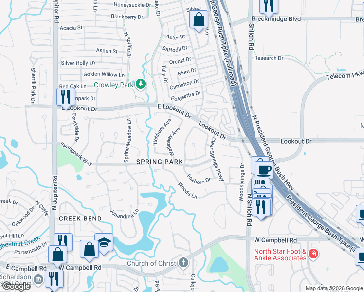 map of restaurants, bars, coffee shops, grocery stores, and more near 7418 Vineyard Trail in Garland
