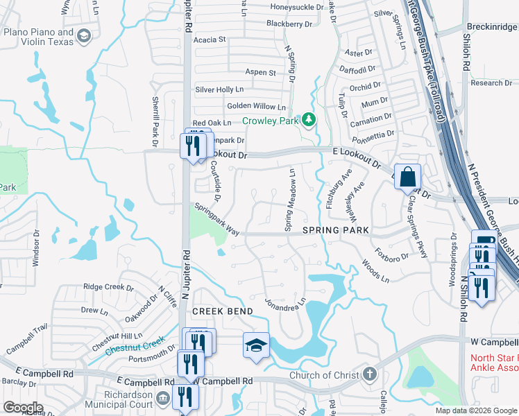 map of restaurants, bars, coffee shops, grocery stores, and more near 7418 Windmill Lane in Garland