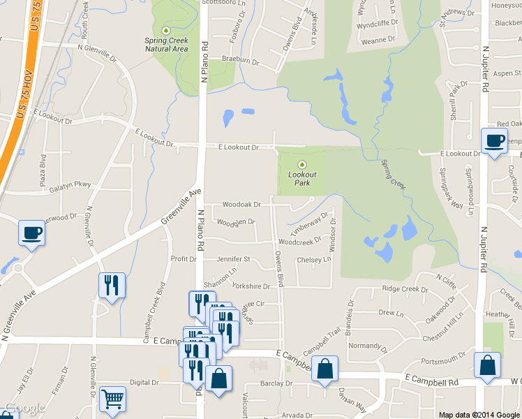map of restaurants, bars, coffee shops, grocery stores, and more near 1510 Woodoak Drive in Richardson