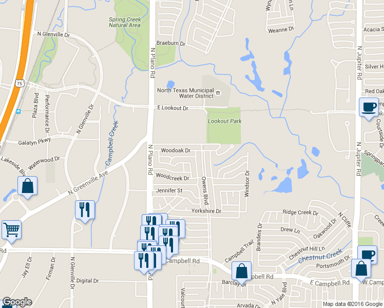 map of restaurants, bars, coffee shops, grocery stores, and more near 1510 Woodoak Drive in Richardson