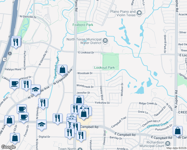 map of restaurants, bars, coffee shops, grocery stores, and more near 1510 Woodoak Drive in Richardson