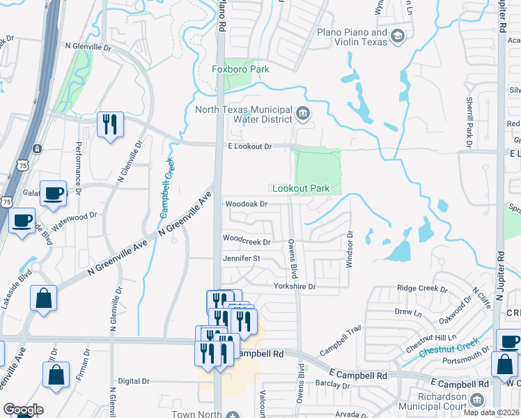 map of restaurants, bars, coffee shops, grocery stores, and more near 1418 Woodoak Drive in Richardson