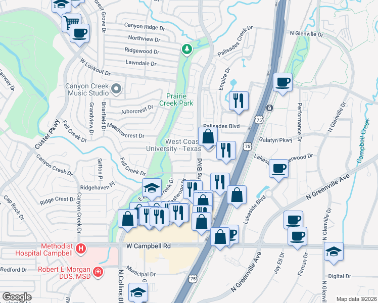 map of restaurants, bars, coffee shops, grocery stores, and more near 29 Creekwood Circle in Richardson