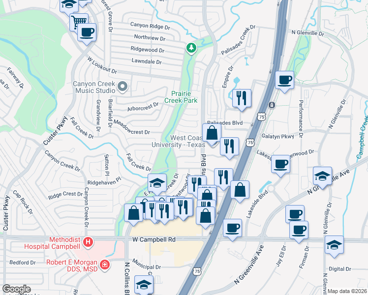 map of restaurants, bars, coffee shops, grocery stores, and more near 29 Creekwood Circle in Richardson