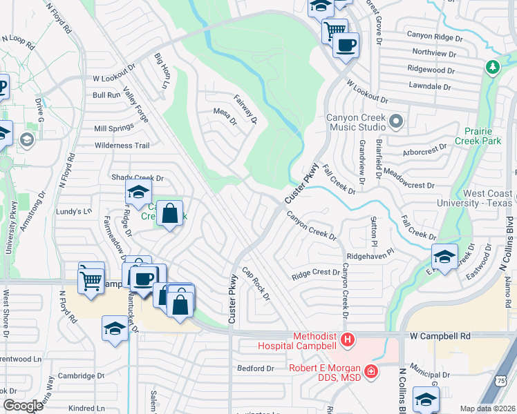 map of restaurants, bars, coffee shops, grocery stores, and more near 2208 White Cliff Drive in Richardson