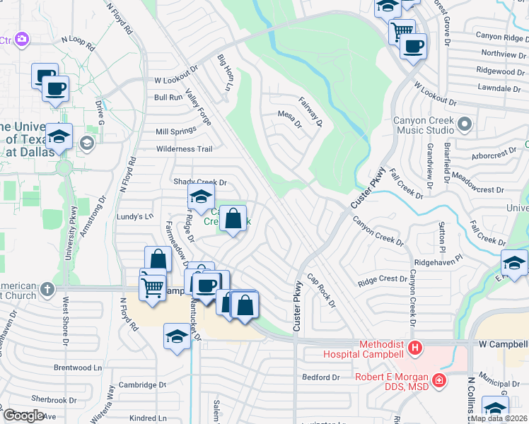 map of restaurants, bars, coffee shops, grocery stores, and more near 2116 Flat Creek Drive in Richardson