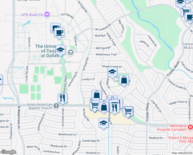 map of restaurants, bars, coffee shops, grocery stores, and more near 12 Lundy's Lane in Richardson