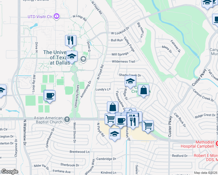 map of restaurants, bars, coffee shops, grocery stores, and more near 12 Lundy's Lane in Richardson