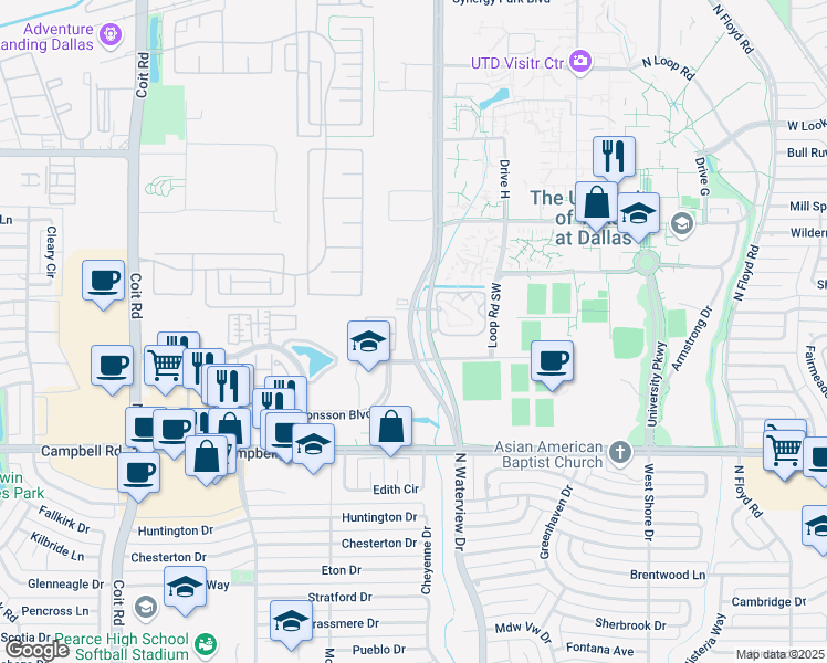 map of restaurants, bars, coffee shops, grocery stores, and more near 2211 Waterview Parkway in Richardson