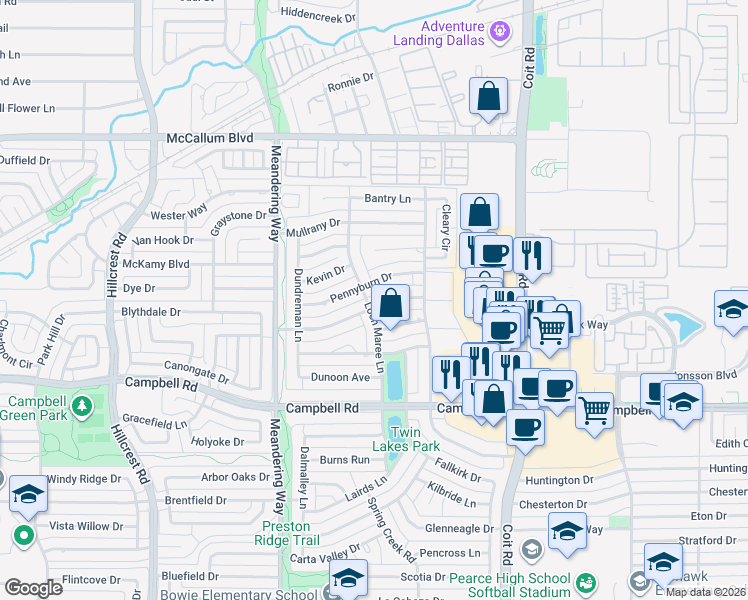 map of restaurants, bars, coffee shops, grocery stores, and more near 7703-7705 Queens Garden Drive in Dallas