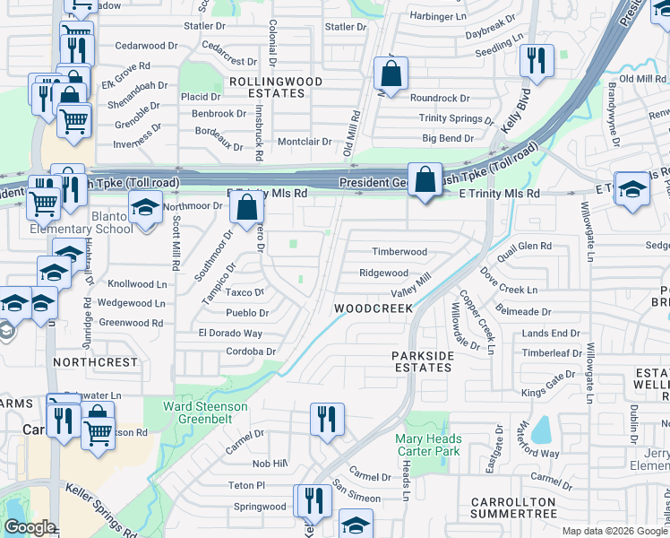 map of restaurants, bars, coffee shops, grocery stores, and more near 2201 Ridgewood in Carrollton