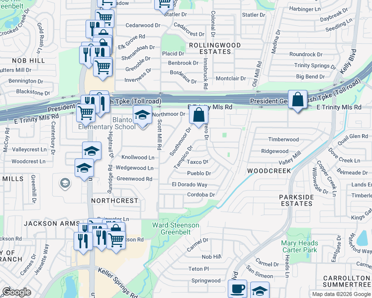 map of restaurants, bars, coffee shops, grocery stores, and more near 2125 Tampico Drive in Carrollton