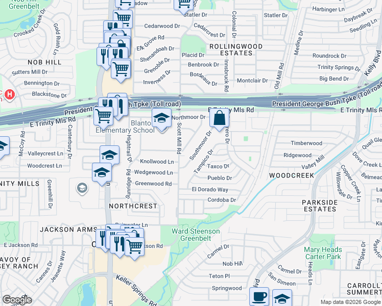 map of restaurants, bars, coffee shops, grocery stores, and more near 2102 Brentwood Lane in Carrollton