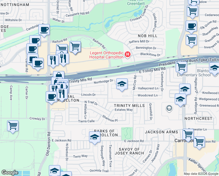 map of restaurants, bars, coffee shops, grocery stores, and more near 2407 Meadow Creek Drive in Carrollton