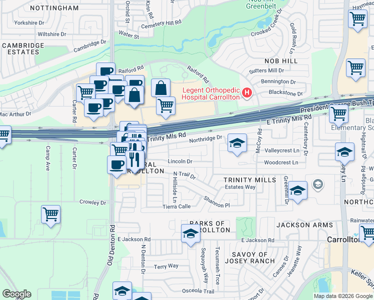 map of restaurants, bars, coffee shops, grocery stores, and more near 1419 Caroline Place in Carrollton