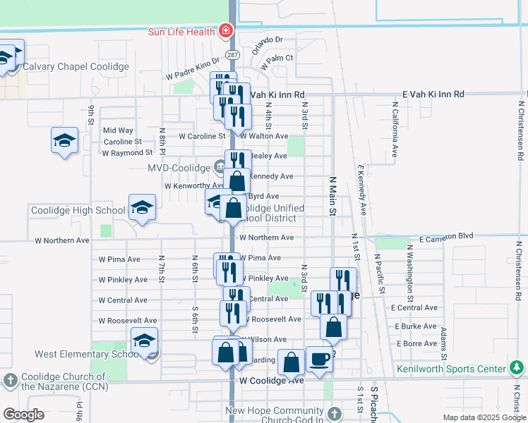 map of restaurants, bars, coffee shops, grocery stores, and more near 532 North 4th Street in Coolidge