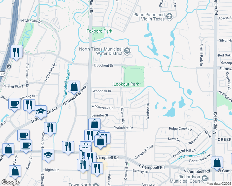 map of restaurants, bars, coffee shops, grocery stores, and more near 1510 Woodoak Drive in Richardson