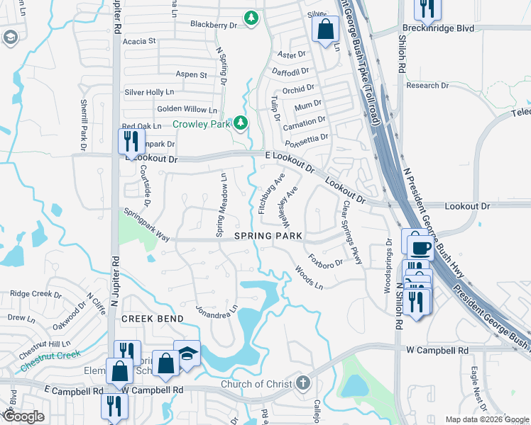 map of restaurants, bars, coffee shops, grocery stores, and more near 7414 Fitchburg Ave in Garland