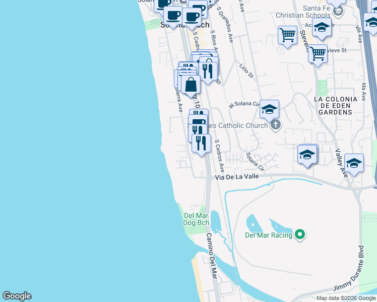 map of restaurants, bars, coffee shops, grocery stores, and more near in Solana Beach