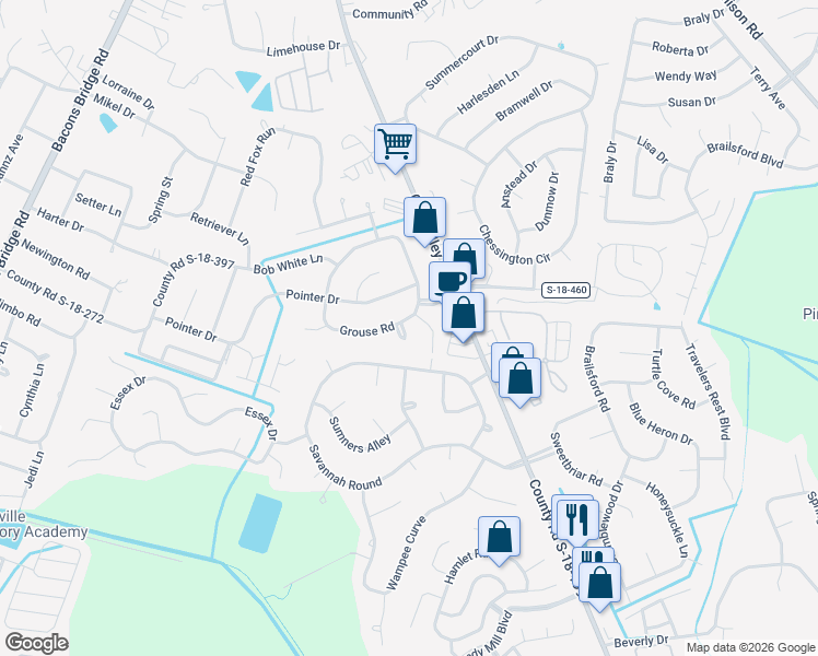 map of restaurants, bars, coffee shops, grocery stores, and more near 407 Grouse Road in Summerville