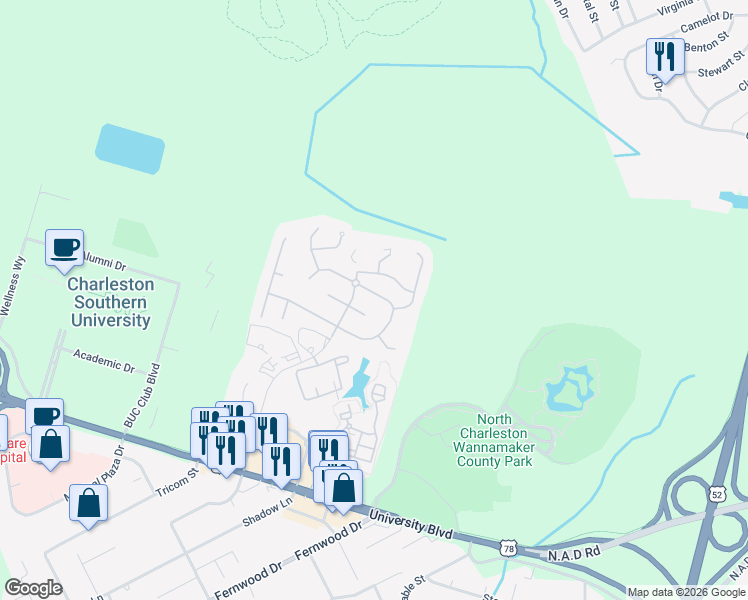 map of restaurants, bars, coffee shops, grocery stores, and more near 9022 Delancey Circle in North Charleston