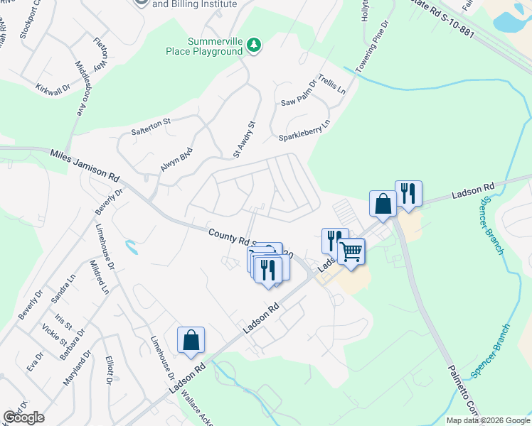 map of restaurants, bars, coffee shops, grocery stores, and more near 113 Rice Circle in Ladson