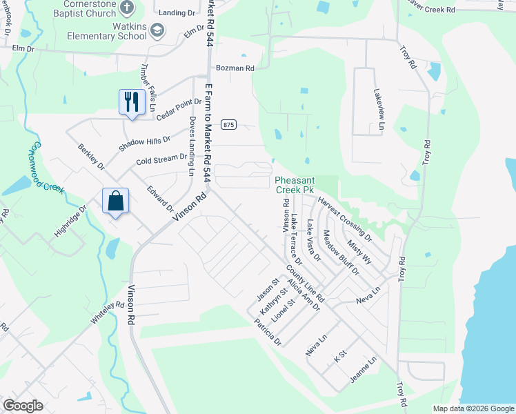 map of restaurants, bars, coffee shops, grocery stores, and more near 2033 Vinson Road in Wylie