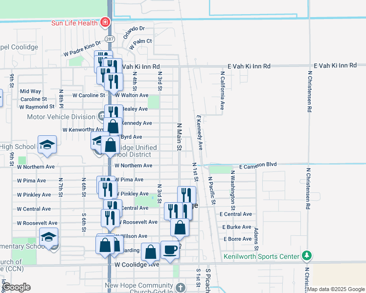 map of restaurants, bars, coffee shops, grocery stores, and more near 523 North Main Street in Coolidge