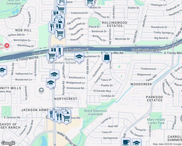 map of restaurants, bars, coffee shops, grocery stores, and more near 2102 Brentwood Lane in Carrollton