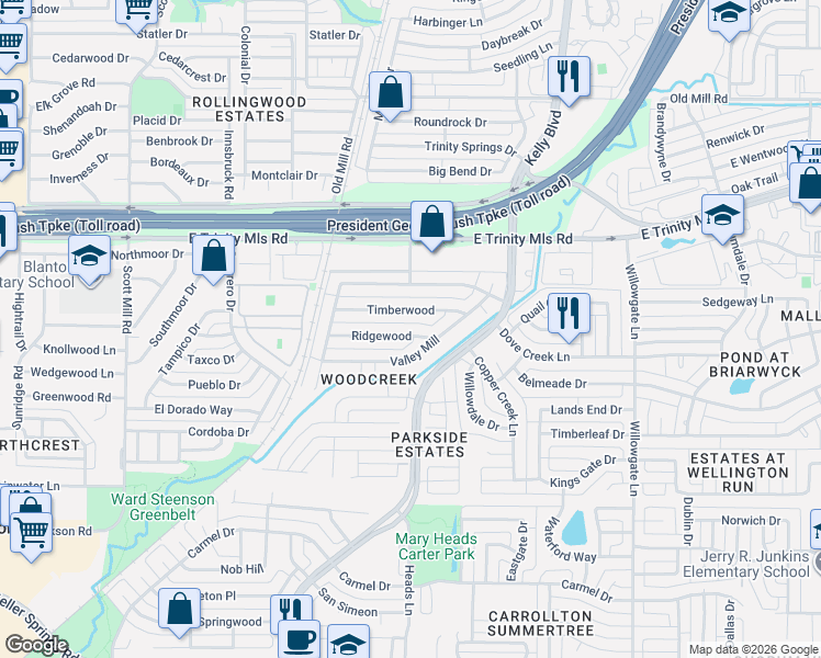 map of restaurants, bars, coffee shops, grocery stores, and more near 2225 Ridgewood in Carrollton