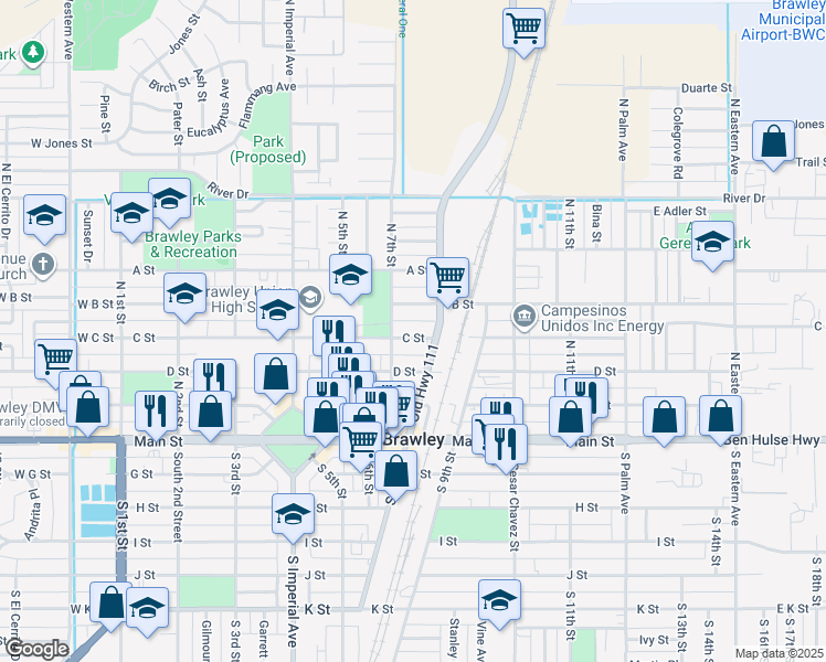 map of restaurants, bars, coffee shops, grocery stores, and more near 733 C Street in Brawley