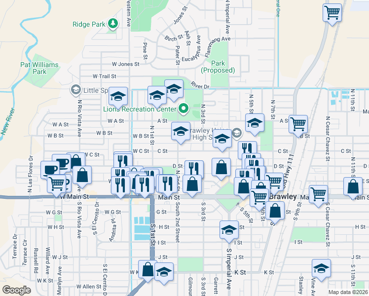 map of restaurants, bars, coffee shops, grocery stores, and more near 223 C Street in Brawley