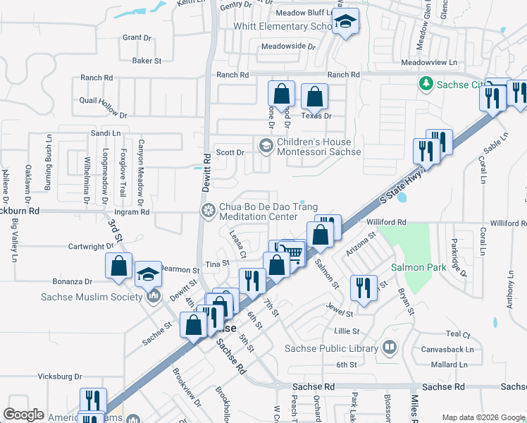 map of restaurants, bars, coffee shops, grocery stores, and more near 3408 Welch Lane in Sachse
