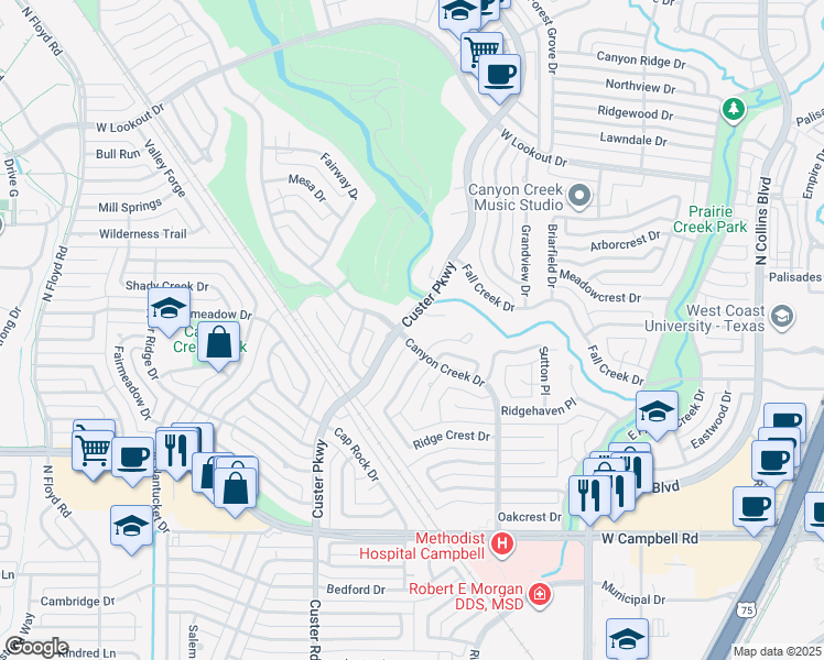 map of restaurants, bars, coffee shops, grocery stores, and more near 2300 Custer Parkway in Richardson