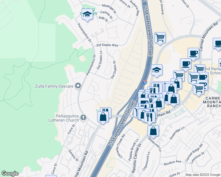 map of restaurants, bars, coffee shops, grocery stores, and more near 14691 Caminito Orense Este in San Diego