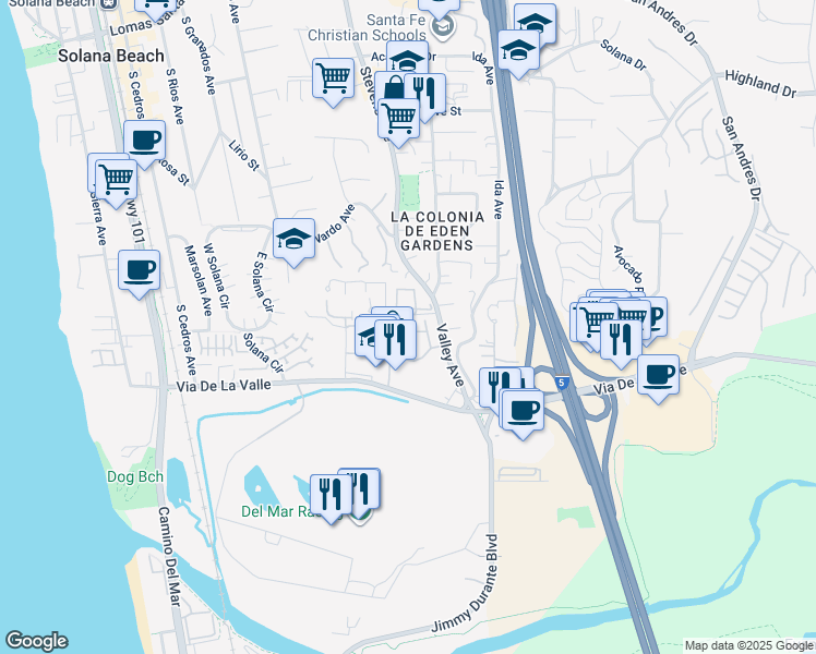 map of restaurants, bars, coffee shops, grocery stores, and more near 532 Via De La Valle in Solana Beach