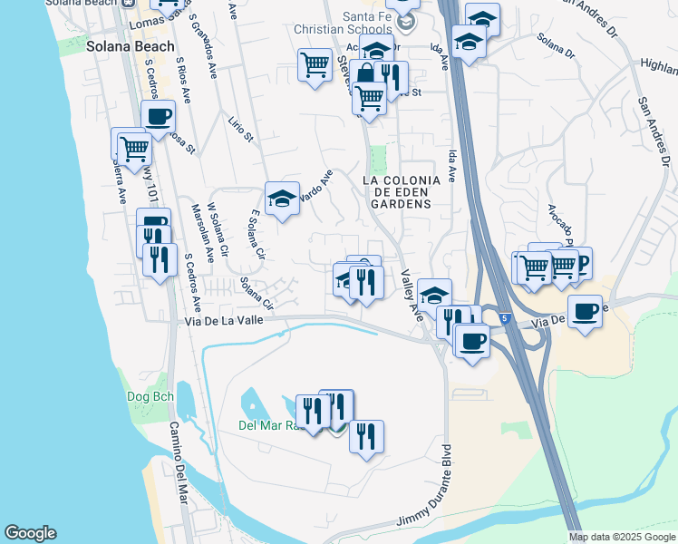 map of restaurants, bars, coffee shops, grocery stores, and more near 850 Del Mar Downs Road in Solana Beach