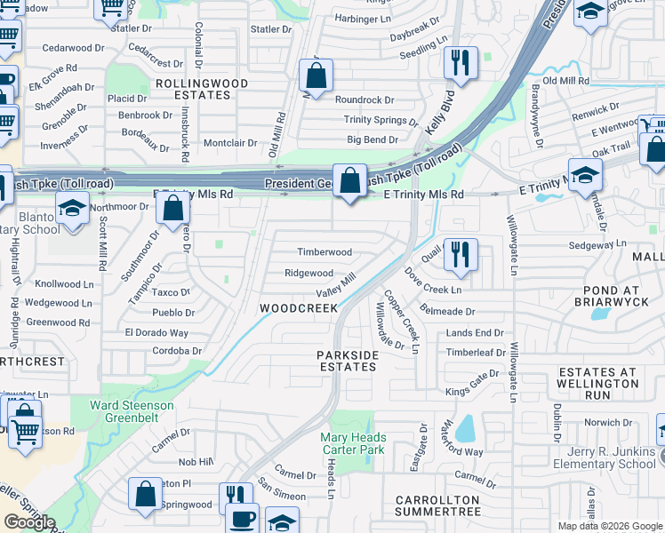 map of restaurants, bars, coffee shops, grocery stores, and more near 2225 Ridgewood in Carrollton