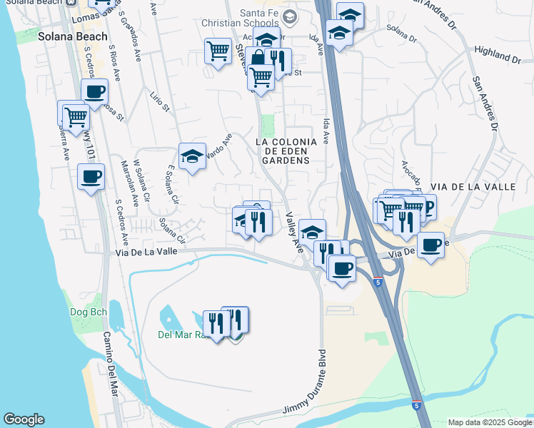 map of restaurants, bars, coffee shops, grocery stores, and more near 532 Via De Vista in Solana Beach