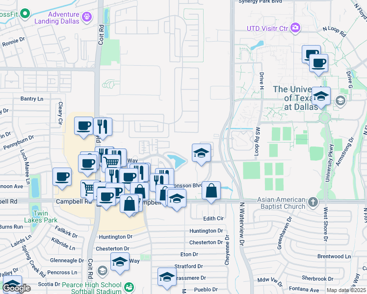 map of restaurants, bars, coffee shops, grocery stores, and more near 2140 Lake Park Boulevard in Richardson