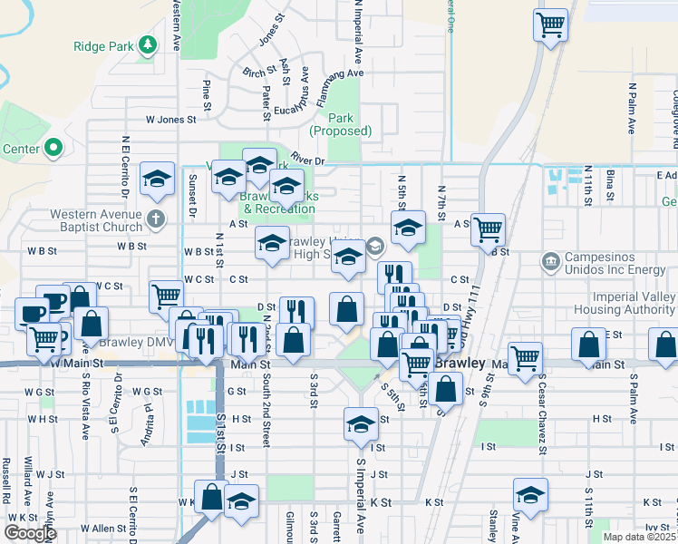 map of restaurants, bars, coffee shops, grocery stores, and more near 351 C Street in Brawley