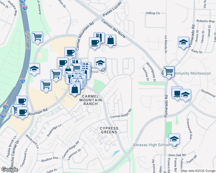 map of restaurants, bars, coffee shops, grocery stores, and more near 12157 Eastbourne Road in San Diego