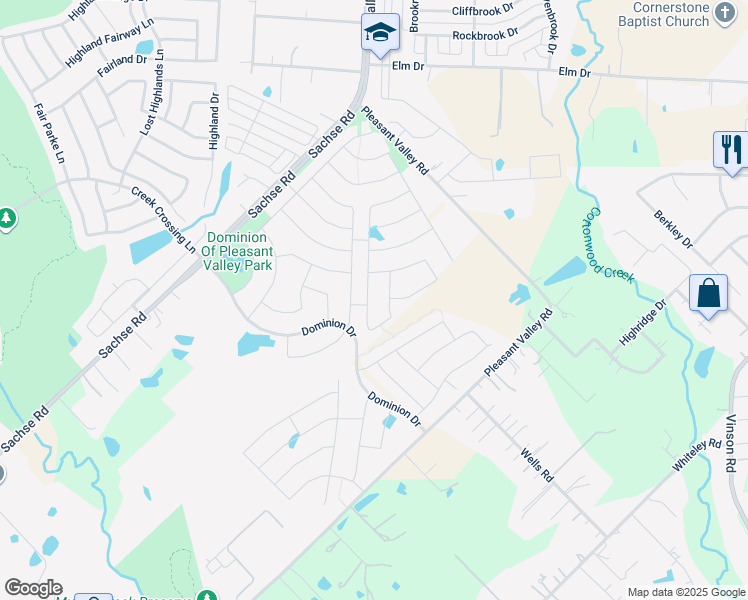 map of restaurants, bars, coffee shops, grocery stores, and more near 6405 Pleasant Valley Road in Wylie