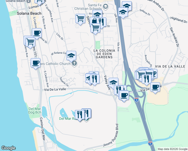 map of restaurants, bars, coffee shops, grocery stores, and more near Via De Vista in Solana Beach