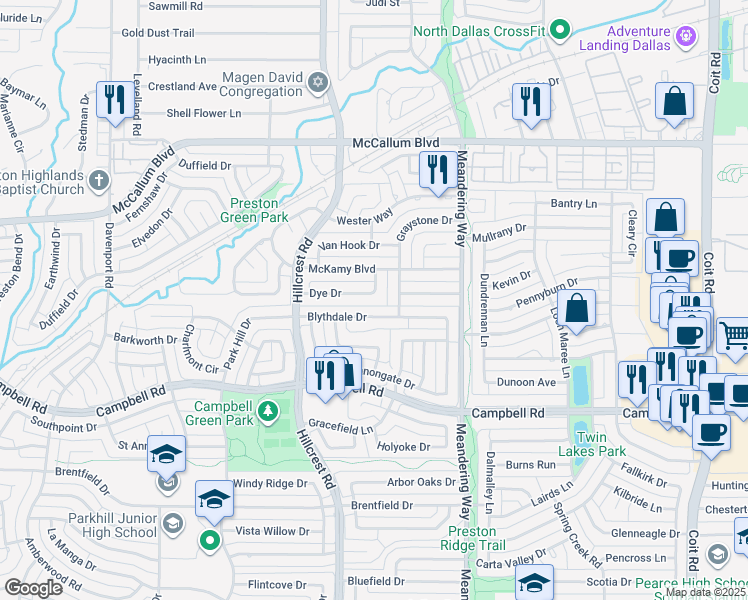 map of restaurants, bars, coffee shops, grocery stores, and more near 7229 Blythdale Drive in Dallas