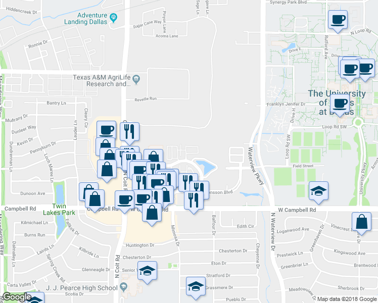 map of restaurants, bars, coffee shops, grocery stores, and more near 1234 Caladium Avenue in Richardson
