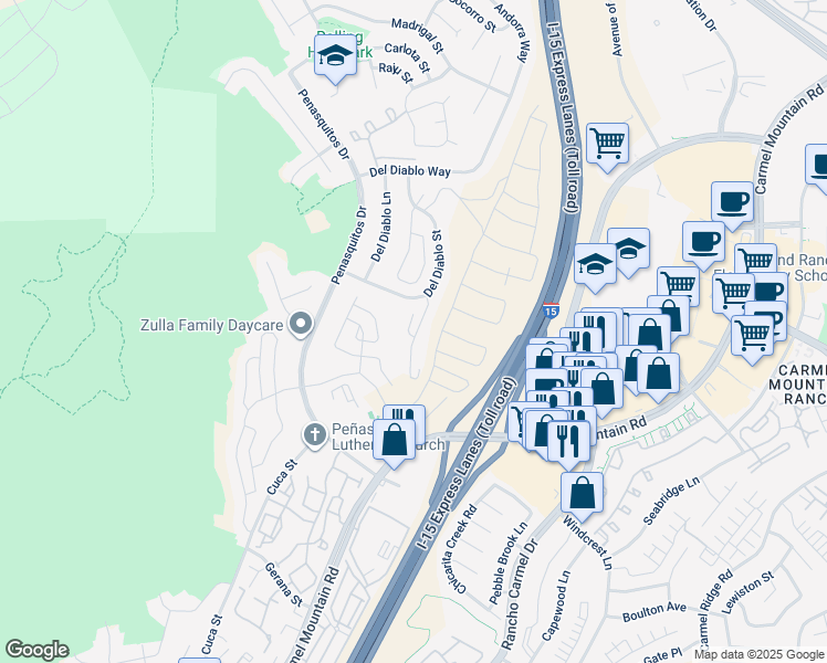 map of restaurants, bars, coffee shops, grocery stores, and more near 14748 Caminito Orense Oeste in San Diego