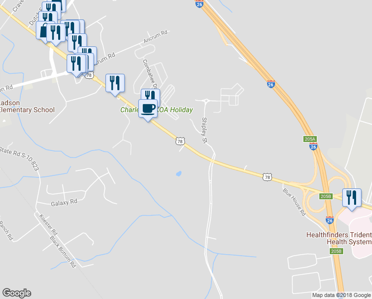 map of restaurants, bars, coffee shops, grocery stores, and more near 9421 U.S. 78 in Ladson